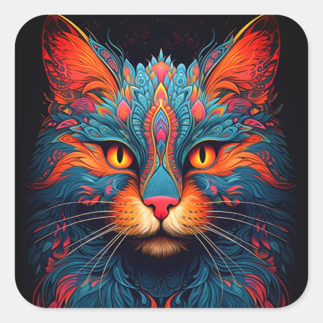 Colourful Kitty Cat Animal Psychedelic Fantasy Art Square Sticker (Front)