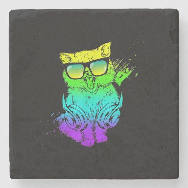 Colourful Kitty Cat | Music Lover Gift Stone Coaster (Front)