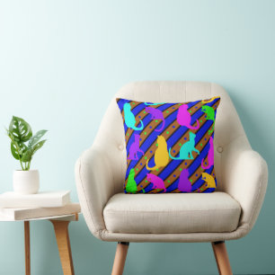 Colourful Kitty Cats silhouettes art Throw Pillow