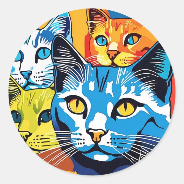 Colourful Kitty Pop Art Cat Pattern Classic Round Sticker (Front)