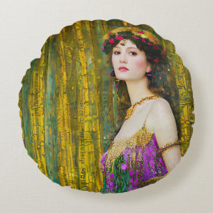 Colourful Klimt Style Collage Portrait of a Woman Round Pillow