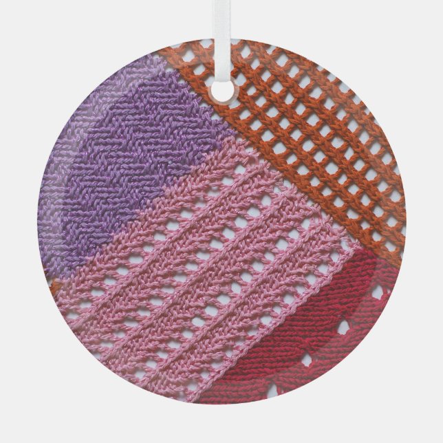 Colourful Knit: Abstract Patchwork Texture. Glass Ornament (Front)