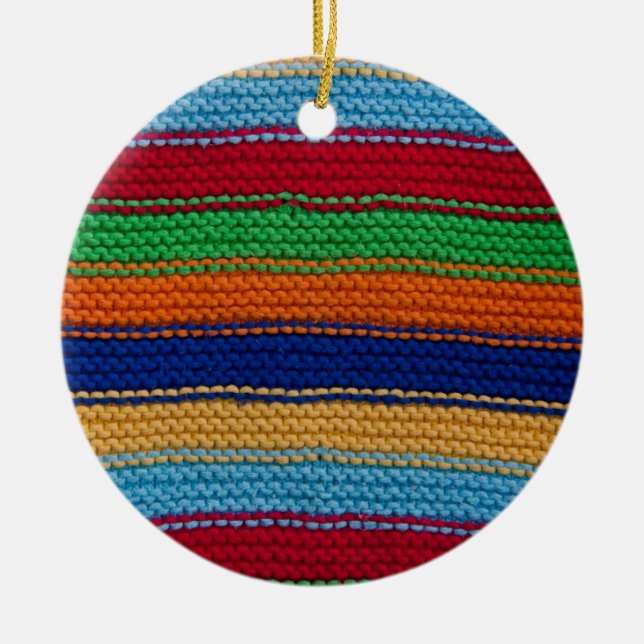 Colourful knitted stripes ceramic ornament (Front)