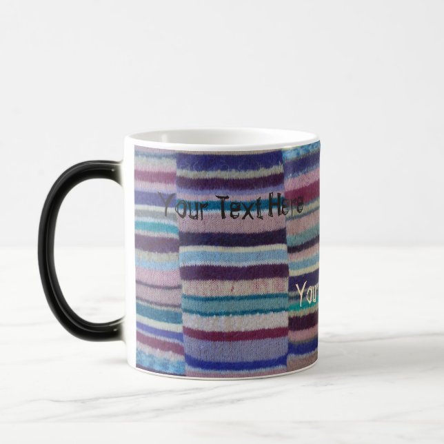 colourful knitted stripes unique vintage fun magic mug (Left)