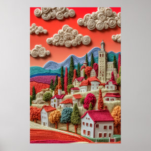 Colourful Knitted Style Village Whimsical Clouds Poster