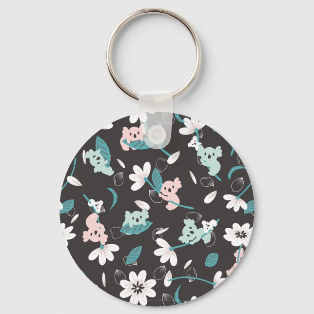 Colourful Koala Pattern Cute Animal and Floral Keychain (Front)