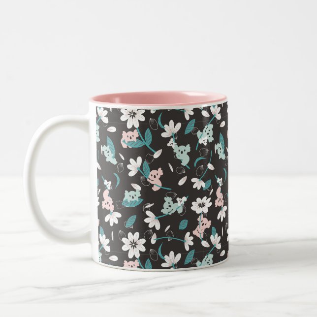 Colourful Koala Pattern Cute Animal and Floral Two-Tone Coffee Mug (Left)