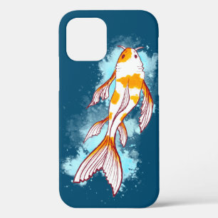 Colourful Koi Fish Drawing Splashing in Blue Water iPhone 12 Case