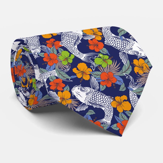 Colourful Koi Fish Flower Japan Art Pattern Tie (Rolled)