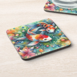 Colourful Koi Fish Whimsical Watercolor Orange Tea Coaster