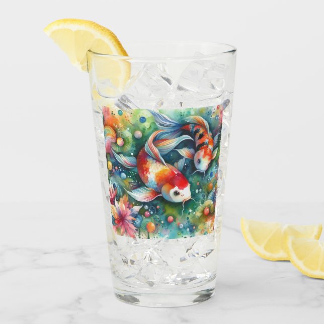 Colourful Koi Fish Whimsical Watercolor Orange Tea Glass (Front Ice)