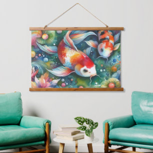 Colourful Koi Fish Whimsical Watercolor Orange Tea Hanging Tapestry