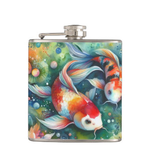 Colourful Koi Fish Whimsical Watercolor Orange Tea Hip Flask