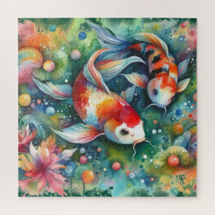 Colourful Koi Fish Whimsical Watercolor Orange Tea Jigsaw Puzzle