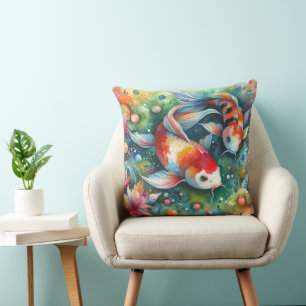 Colourful Koi Fish Whimsical Watercolor Orange Tea Throw Pillow