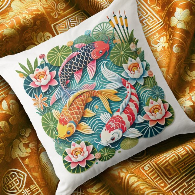 Colourful Koi Swimming in Lotus Filled Pond Throw Pillow (Colorful Koi Swimming in Lotus Filled Pond Throw Pillow Cover Photo)