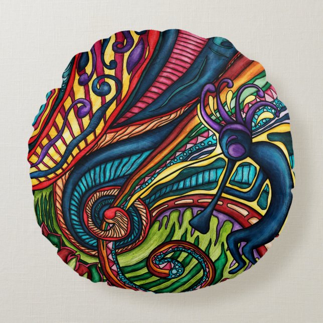 Colourful Kokopelli dancer with flute, Southwester Round Pillow (Front)