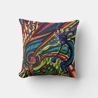 Colourful Kokopelli dancer with flute, Southwester Throw Pillow
