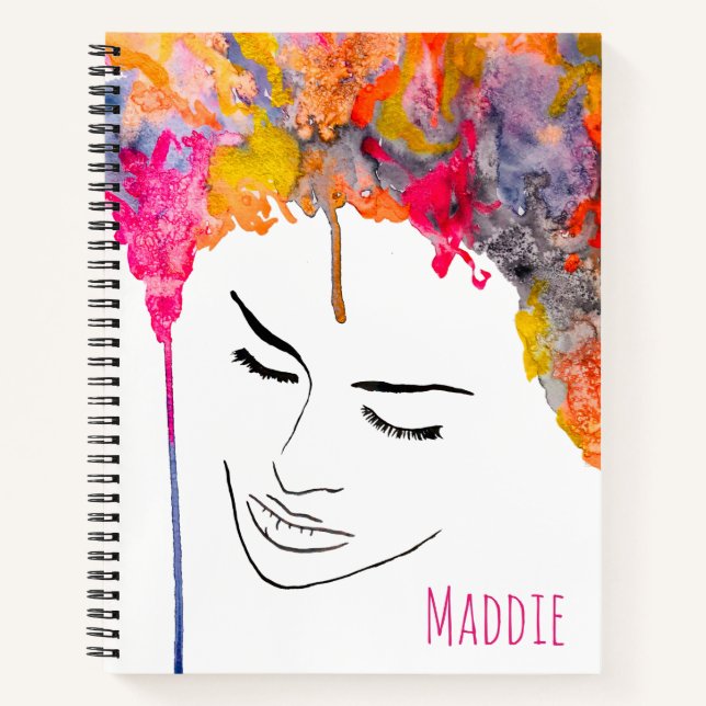Colourful lady funky hair watercolor notebook (Front)
