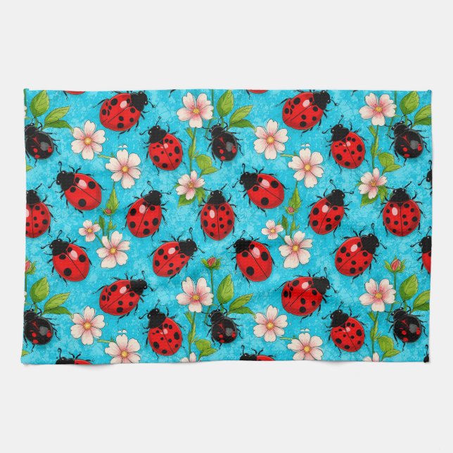 🐞 Colourful Ladybug Floral Garden Joy 🌸 Kitchen Towel (Horizontal)