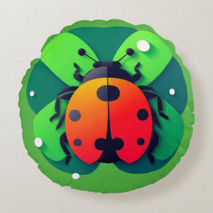 Colourful Ladybug Illustration on Green Clover Lea Round Pillow