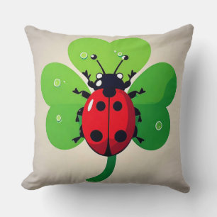 Colourful Ladybug Illustration on Green Clover Lea Throw Pillow