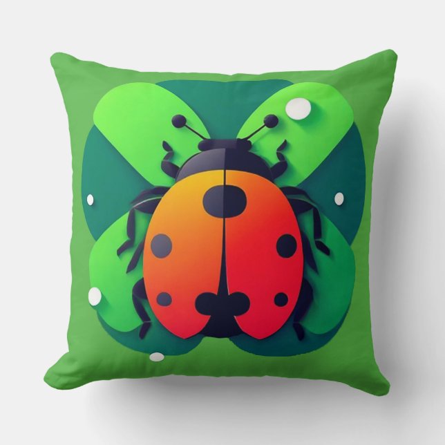 Colourful Ladybug Illustration on Green Clover Lea Throw Pillow (Front)