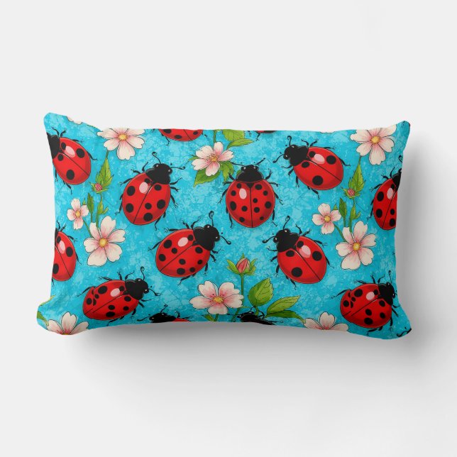 Colourful Ladybug Pattern with Flowers Lumbar Pillow (Front)