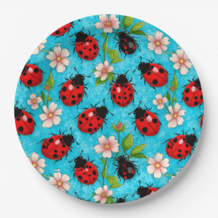 Colourful Ladybug Pattern with Flowers Paper Plate