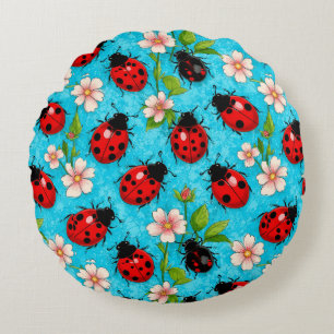 Colourful Ladybug Pattern with Flowers Round Pillow