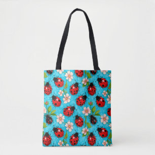 Colourful Ladybug Pattern with Flowers Tote Bag