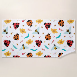 Colourful Ladybugs and Bees on a Floral Beach Towel