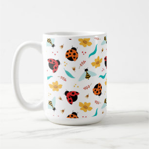 Colourful Ladybugs and Bees on a Floral Coffee Mug