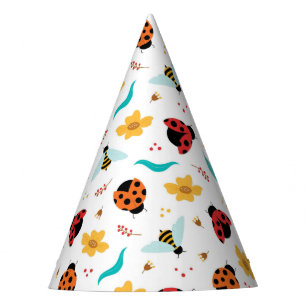 Colourful Ladybugs and Bees on a Floral Party Hat