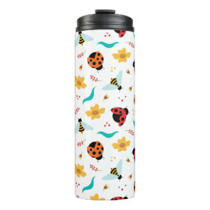 Colourful Ladybugs and Bees on a Floral Thermal Tumbler