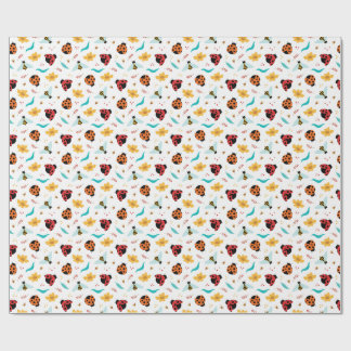 Colourful Ladybugs and Bees on a Floral Wrapping Paper