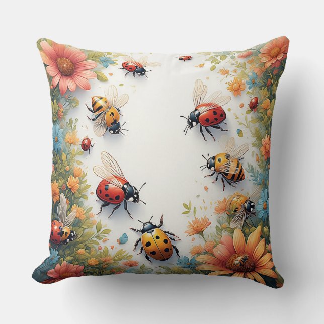 Colourful Ladybugs and Bees Throw Pillow (Front)