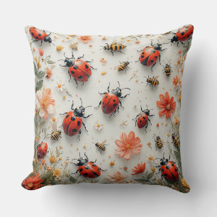Colourful Ladybugs and Bees Throw Pillow