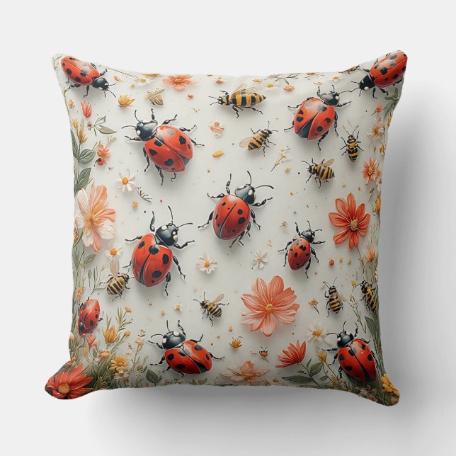 Colourful Ladybugs and Bees Throw Pillow (Front)