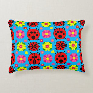 Colourful Ladybugs and Flowers Accent Pillow