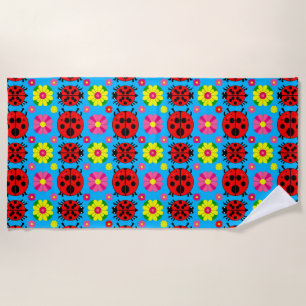 Colourful Ladybugs and Flowers Beach Towel