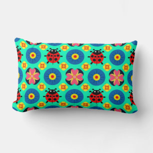 Colourful Ladybugs and Flowers Lumbar Pillow