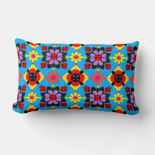 Colourful Ladybugs and Flowers Lumbar Pillow