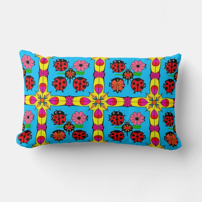 Colourful Ladybugs and Flowers Lumbar Pillow (Front)