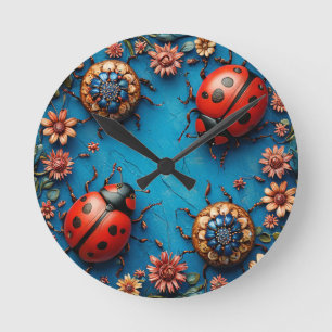Colourful Ladybugs and Flowers Round Clock