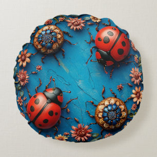Colourful Ladybugs and Flowers Round Pillow