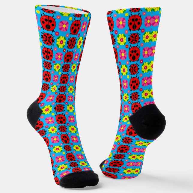 Colourful Ladybugs and Flowers Socks (Angled)