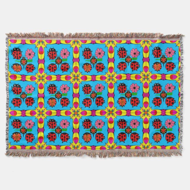 Colourful Ladybugs and Flowers Throw Blanket (Front)
