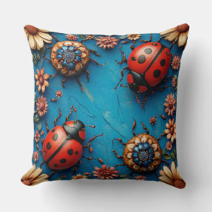 Colourful Ladybugs and Flowers Throw Pillow