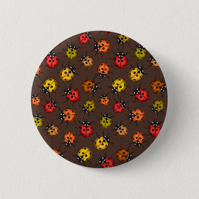 Colourful ladybugs on brown 2 inch round button (Front)